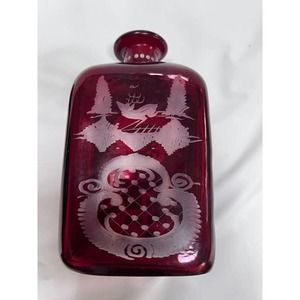 Bohemian Ruby Red etched Decanter with Cordial Glasses
